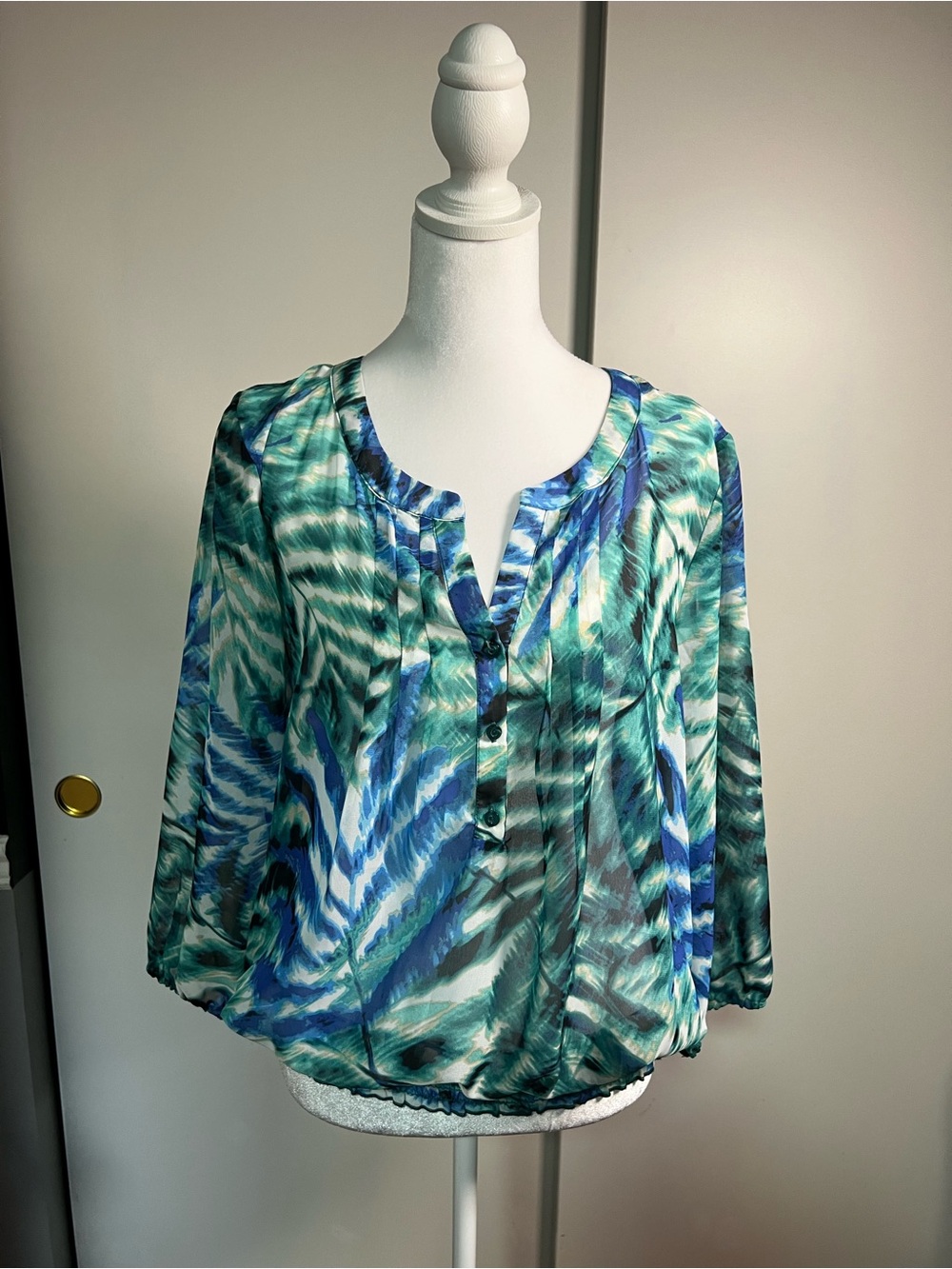 Leo & Nicole Teal and Blue Watercolor Print Henley Blouse